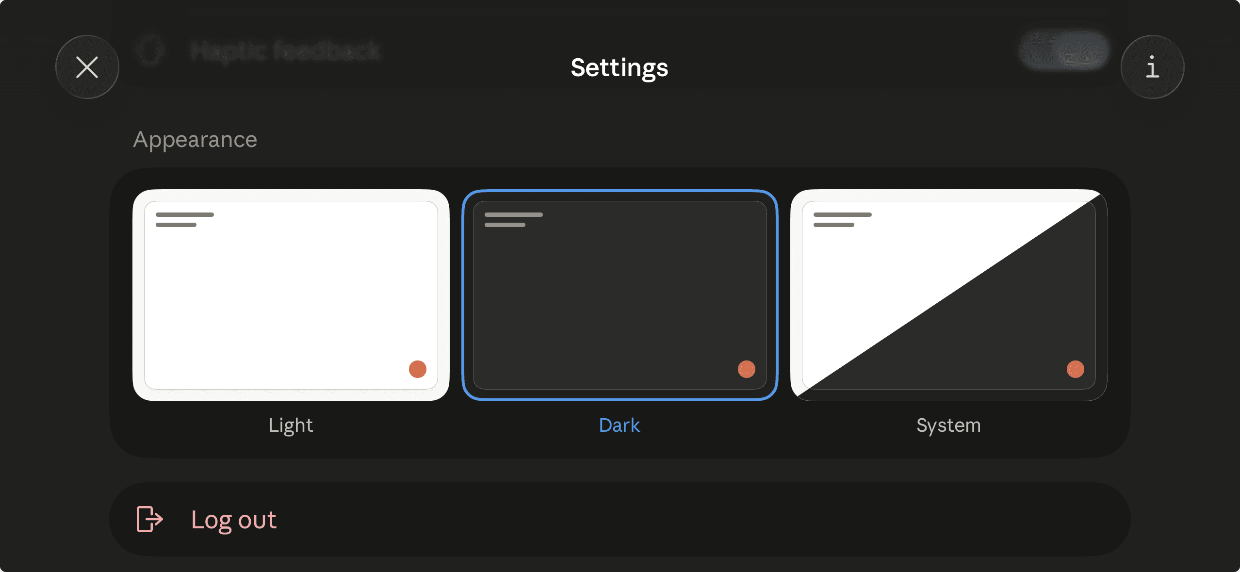 The Claude iOS app's Settings screen, showing only an Appearance section with Light, Dark, and System theme options — no chat font setting anywhere.