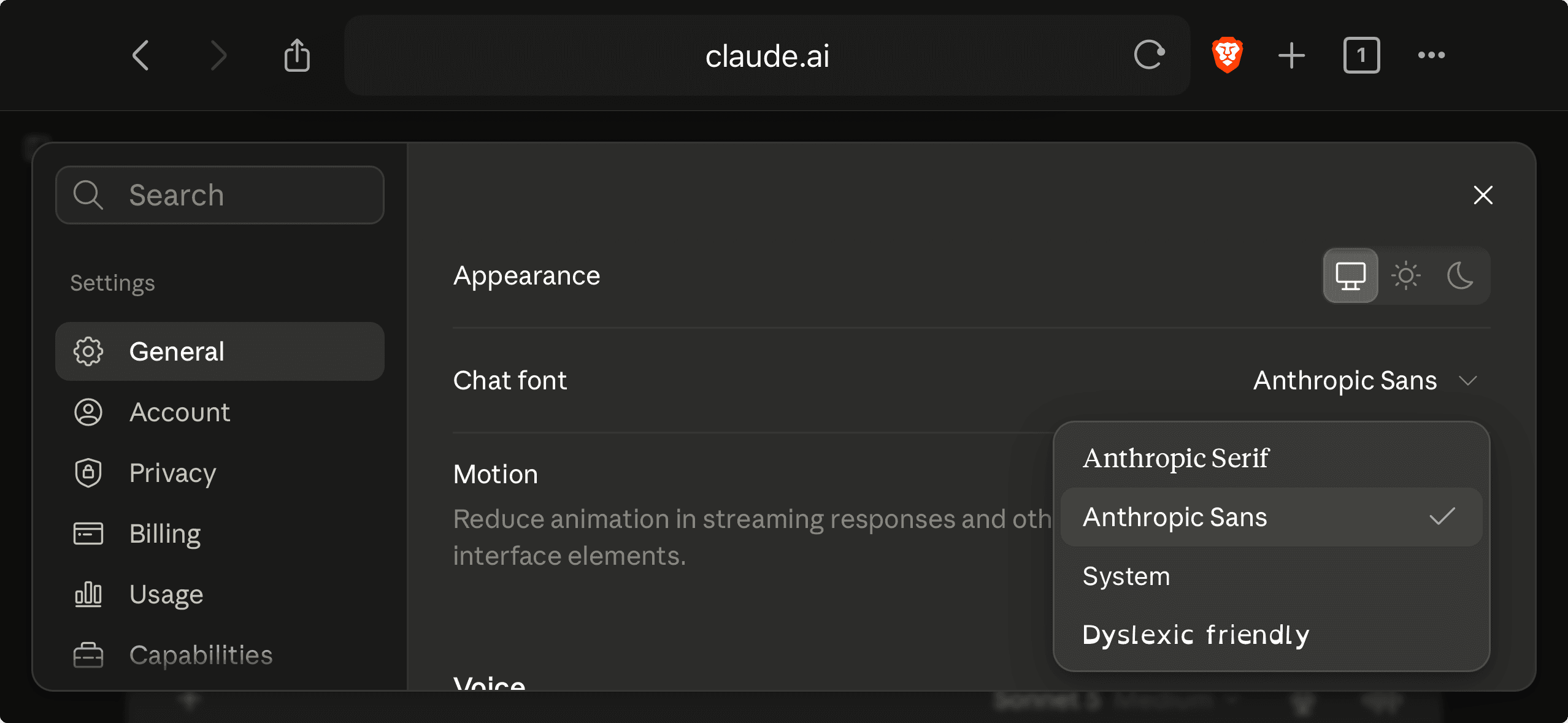 claude.ai open in a phone's browser, with the Chat font dropdown open showing four options: Anthropic Serif, Anthropic Sans, System, and Dyslexic friendly.