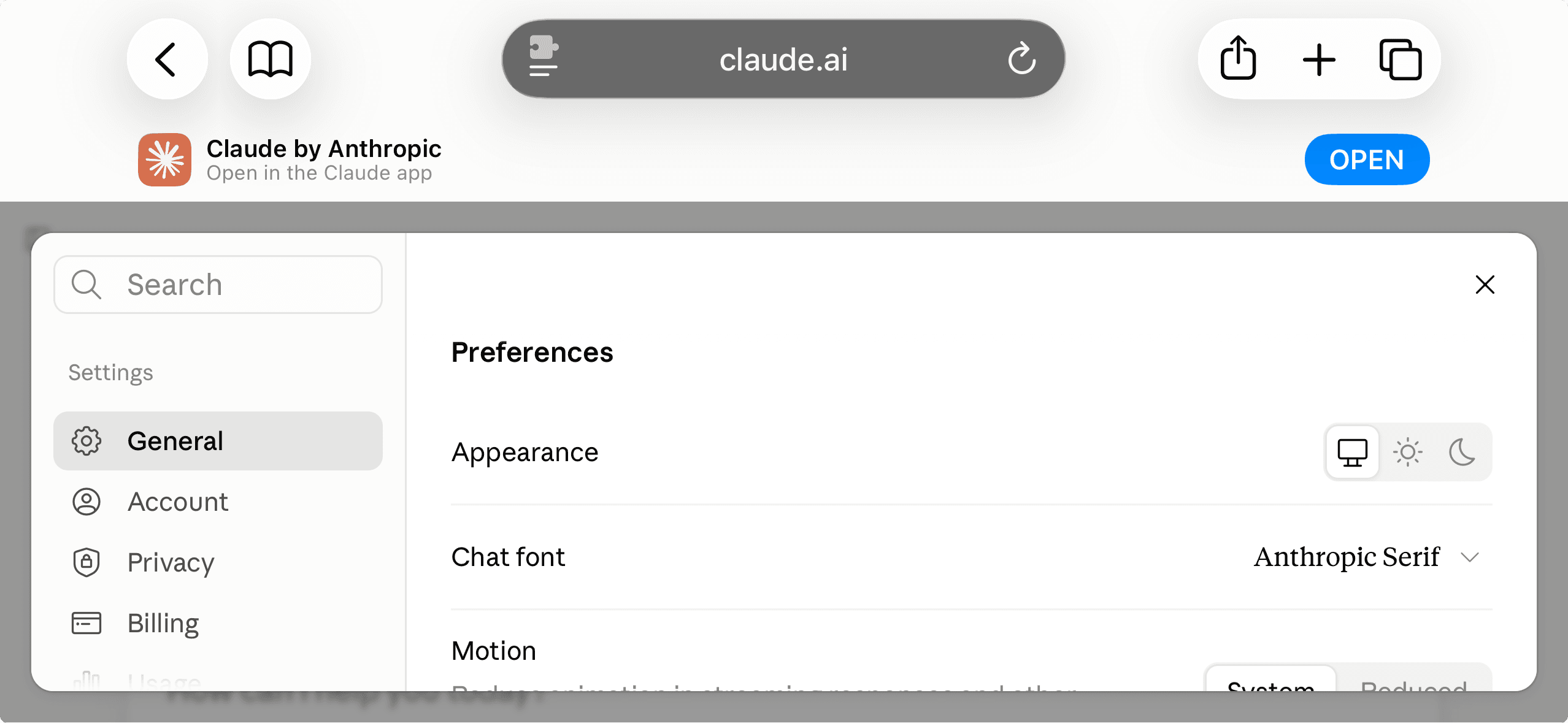 claude.ai open in Safari on a phone, with a banner across the top urging you to "Open in the Claude app" — the exact app that lacks the Chat font setting.