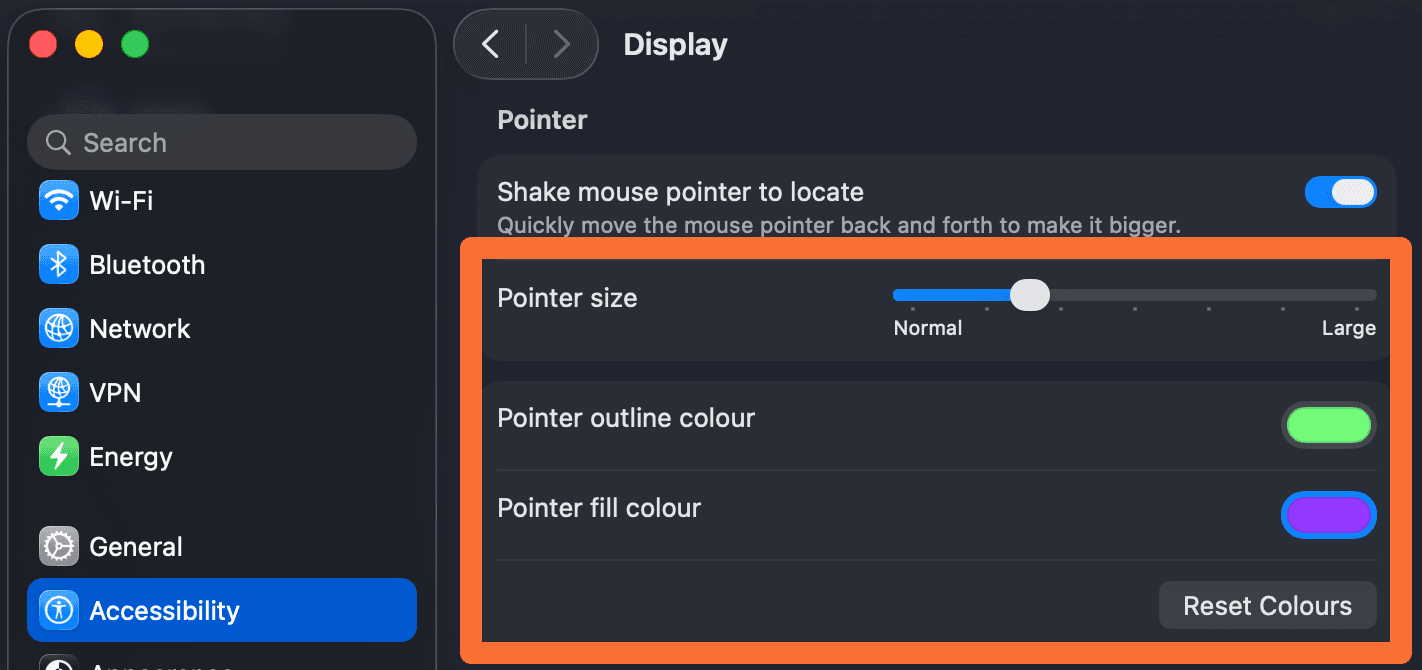 The macOS Accessibility Display settings, with Pointer size, Pointer outline colour, and Pointer fill colour highlighted.